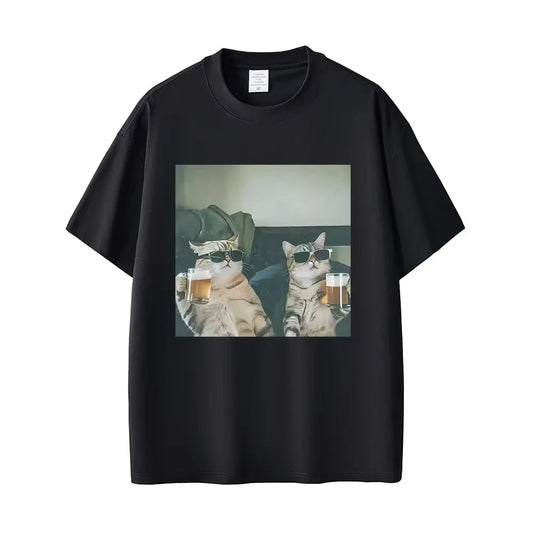 Fun cat beer T-shirt for men 100% cotton casual T-shirt retro short-sleeved fashionable round-neck T-shirt