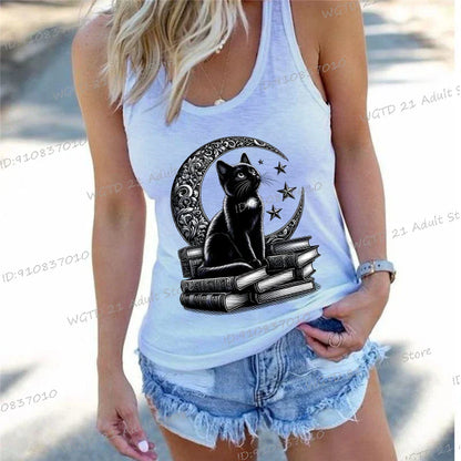 Women's Vintage Cat Books Clothing Summer Casual Loose Reading Club Members Vests Fashion Bookishness Sleeveless Tank Top