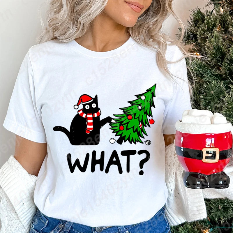 Christmas Black Cat Christmas Tree Print T-shirts Women Summer Short Sleeve Round Neck Loose T-Shirts Creative Personalized Tops
