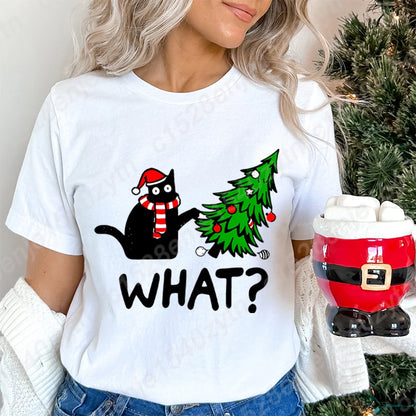 Christmas Black Cat Christmas Tree Print T-shirts Women Summer Short Sleeve Round Neck Loose T-Shirts Creative Personalized Tops