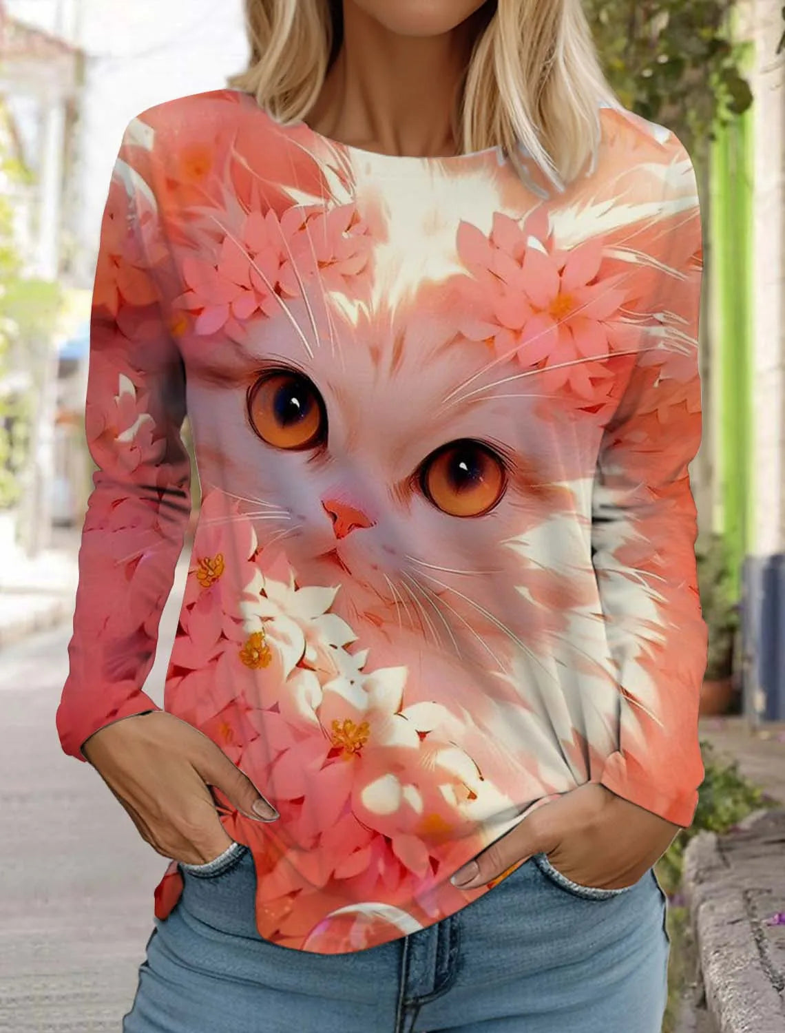 Women's Cute Cat Long Sleeves T-Shirt Round Neck Long Sleeved Autumn Animal Clothing Holiday Gift Clothing Fashion Party T-Shirt