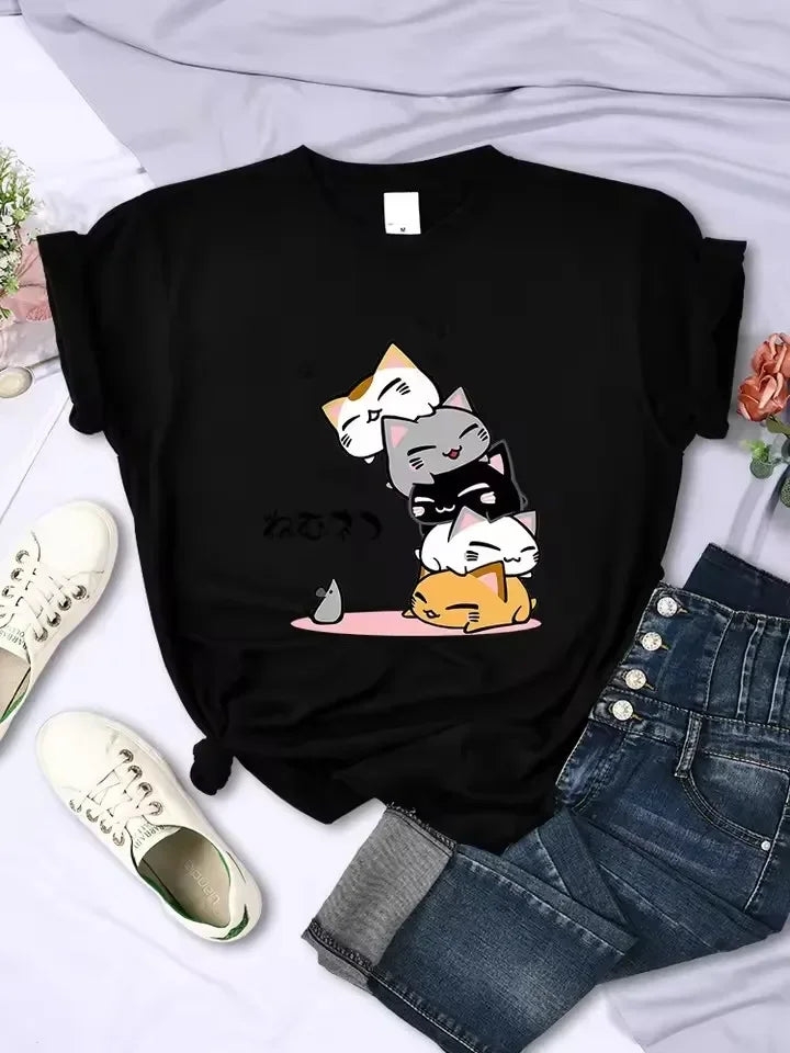 Cute Cat Graphic Kids Tshirts Summer Short Sleeve Tees Cartoon Animal Boys Girls Clothes Kawaii Kitten Tops Y2K Children T-shirt