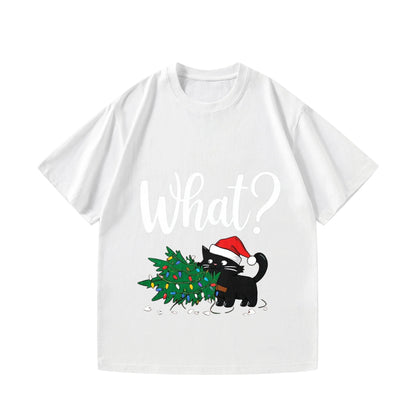 Men's T-Shirt Black Cat with Christmas Tree & What? Print Xmas Party Gift Idea Festive Season Top