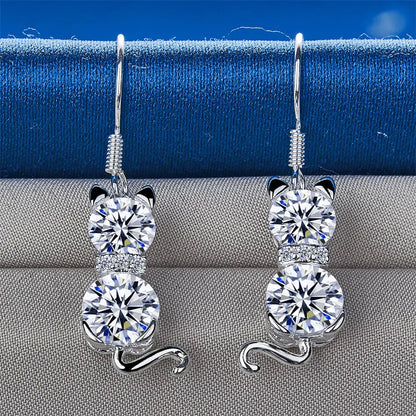 1 pair of 925 sterling silver exquisite cat zircon pendant earrings, women's fashion accessories gift, engagement jewelry