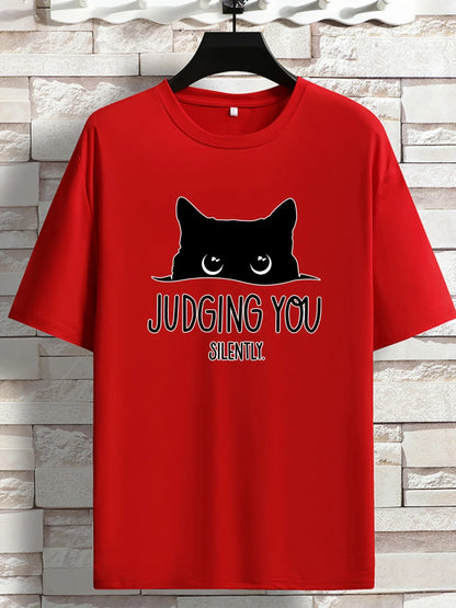 JUDGING YOU SILENTLY' Cat Print Loose T-shirt, Women Short Sleeve Crew Neck Tops, Casual Clothing for Spring Summer