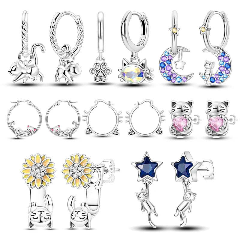 925 Sterling Silver Elegant Cute Cat Animal Ear Jewelry Party Wedding Jewelry Zircon Stone Earring Hoop Earrings for Women