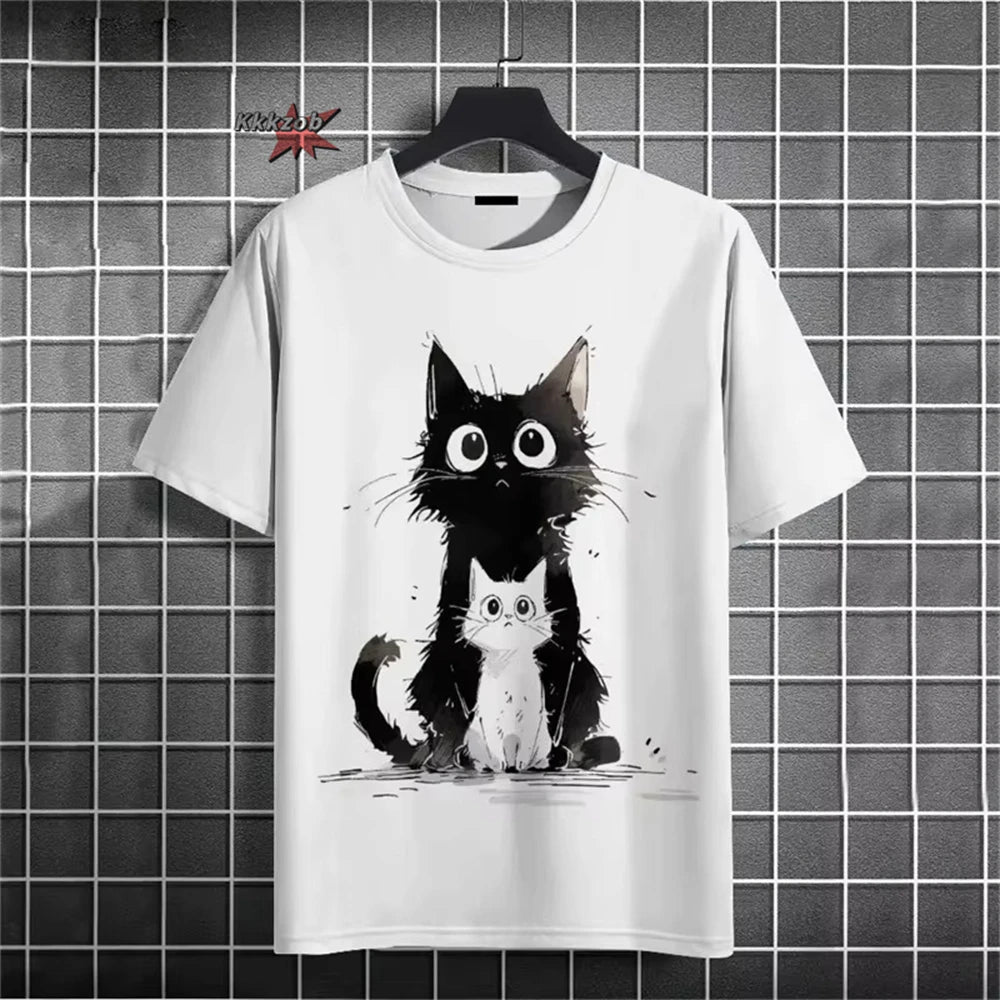 Japanese Ukiyo-E Cute Cat Pattern Round Neck Men's Short Sleeved Daily Oversized T-Shirt Harajuku Y2k T-Shirt T-Shirt Men Top