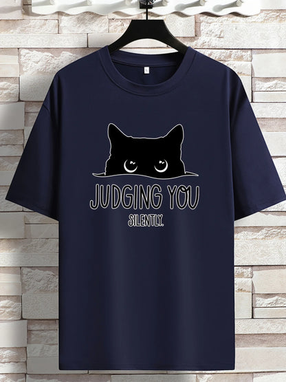 JUDGING YOU SILENTLY' Cat Print Loose T-shirt, Women Short Sleeve Crew Neck Tops, Casual Clothing for Spring Summer