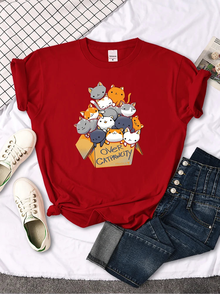 Womany Cats Gathered In The Printing Woman Tshirt Leisure Creativity T Shirt Summer Newtop Crewneck Breathable Woman T Shirts