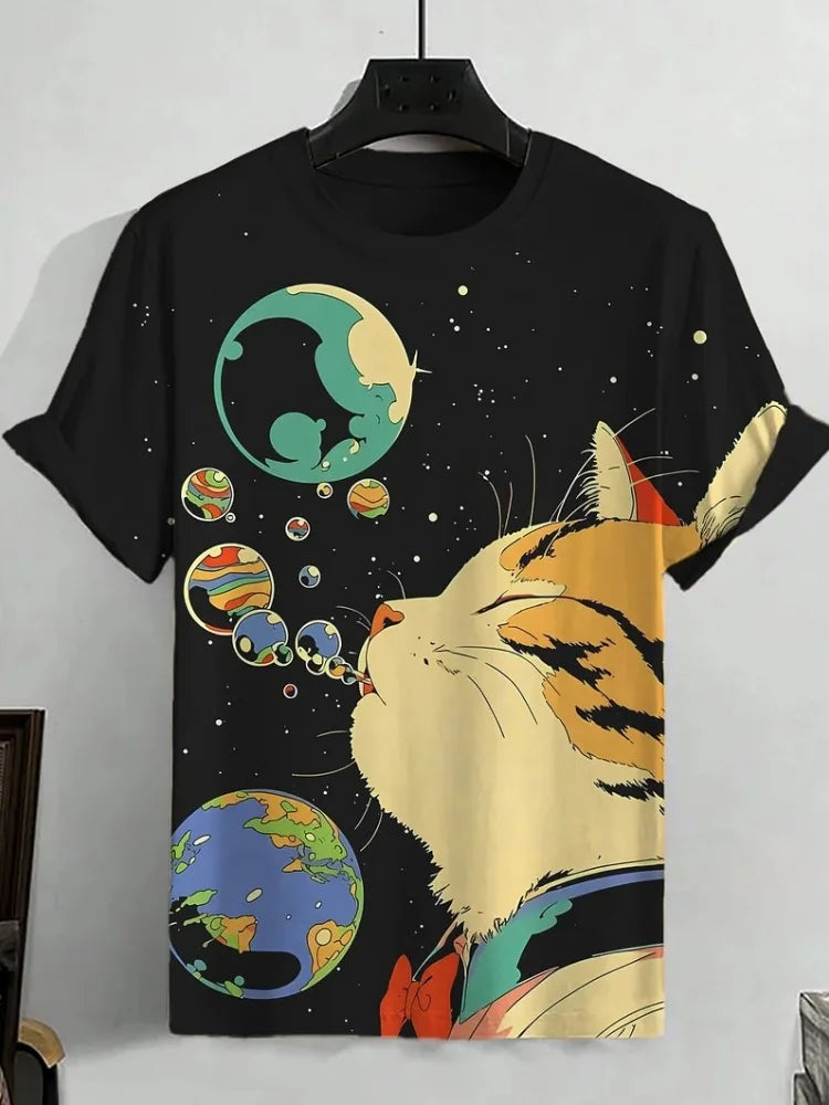 Men's Funny Animal Printed T-Shirt Summer Short Sleeved Tees Tops Fashion Cat 3D Print Crew Neck Casual Oversized Men's Clothing