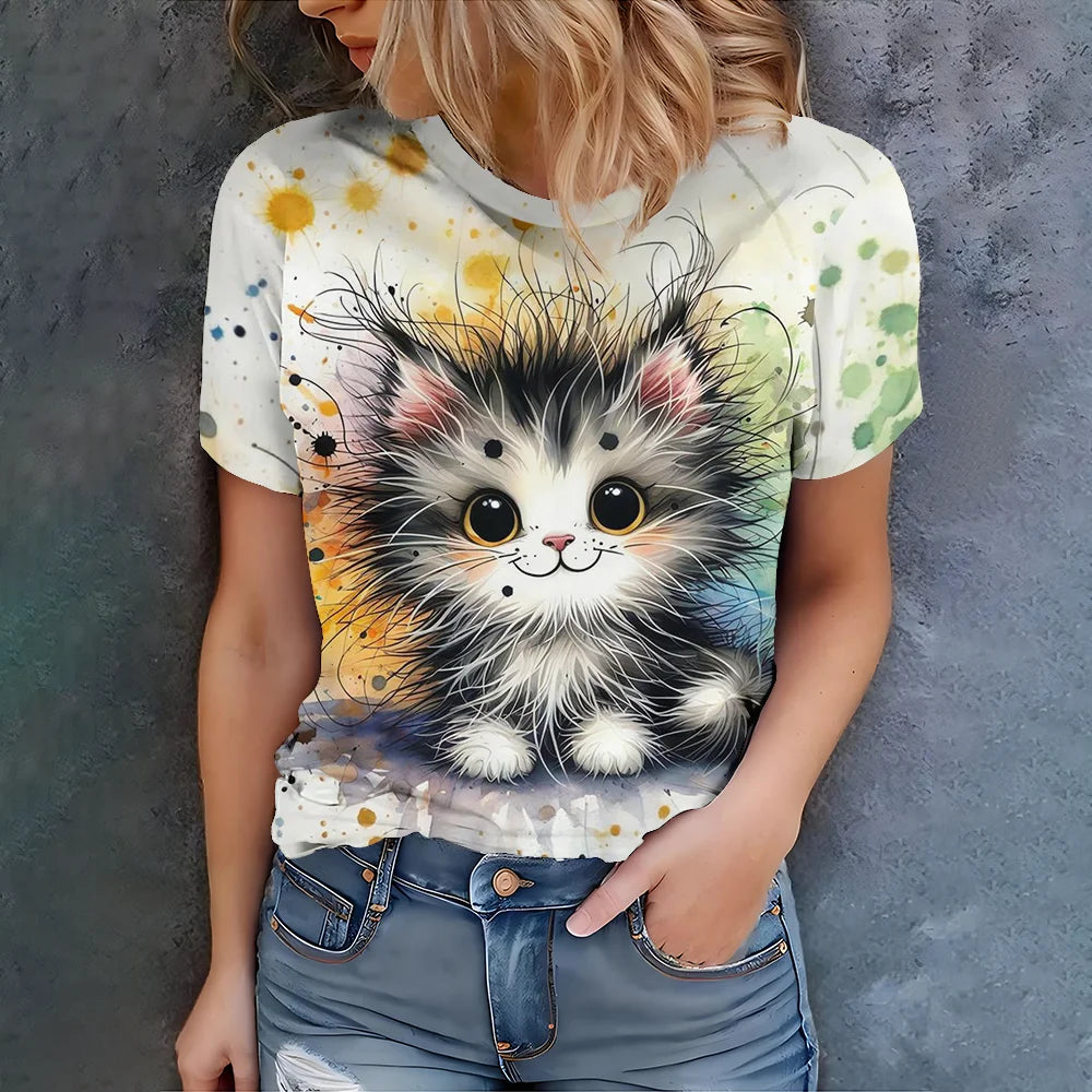 Women's Cute Cat Printed Color T-shirt - Summer Casual Fashion Fit Art Round Neck Short Sleeve