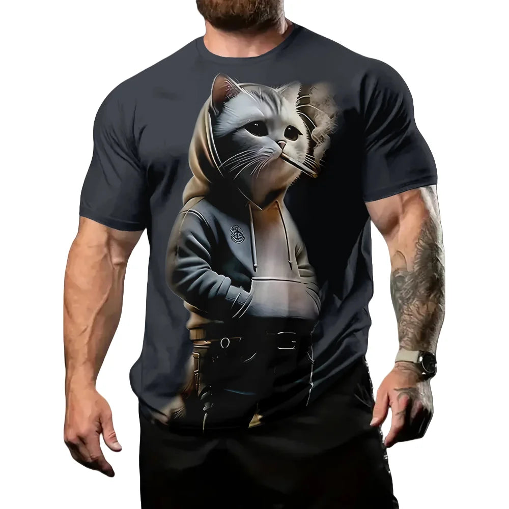 Men's T-Shirt Funny Cat Pattern Cool Printed Men's Short Sleeve Fashion O-Neck T-Shirt Outdoor Casual Lightweight Men's Clothing