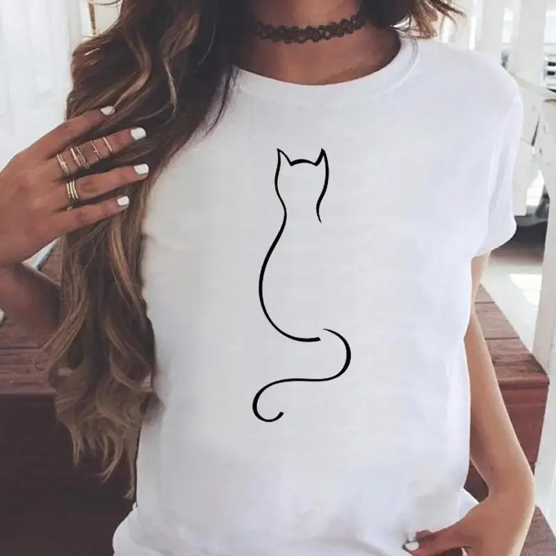 Fashion Women Cartoon Cat Love Pet Lovely Style Shirt Print T-shirts Stylish Short Sleeve Graphic T Top Female Tee T-Shirt