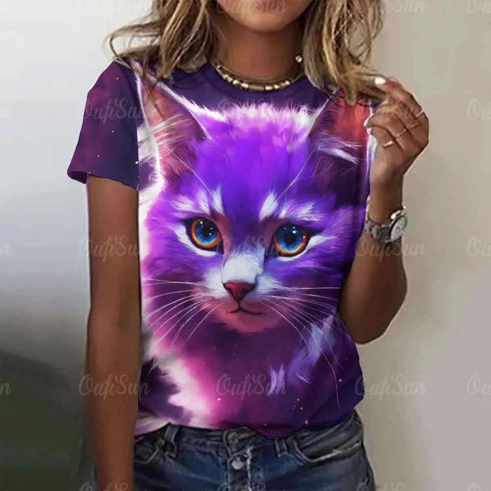 Cute Cat Women's T-Shirt Summer Round Neck Short Sleeved Clothing Christmas Gift Pullover Tops Fashions Animal Casual T-Shirts
