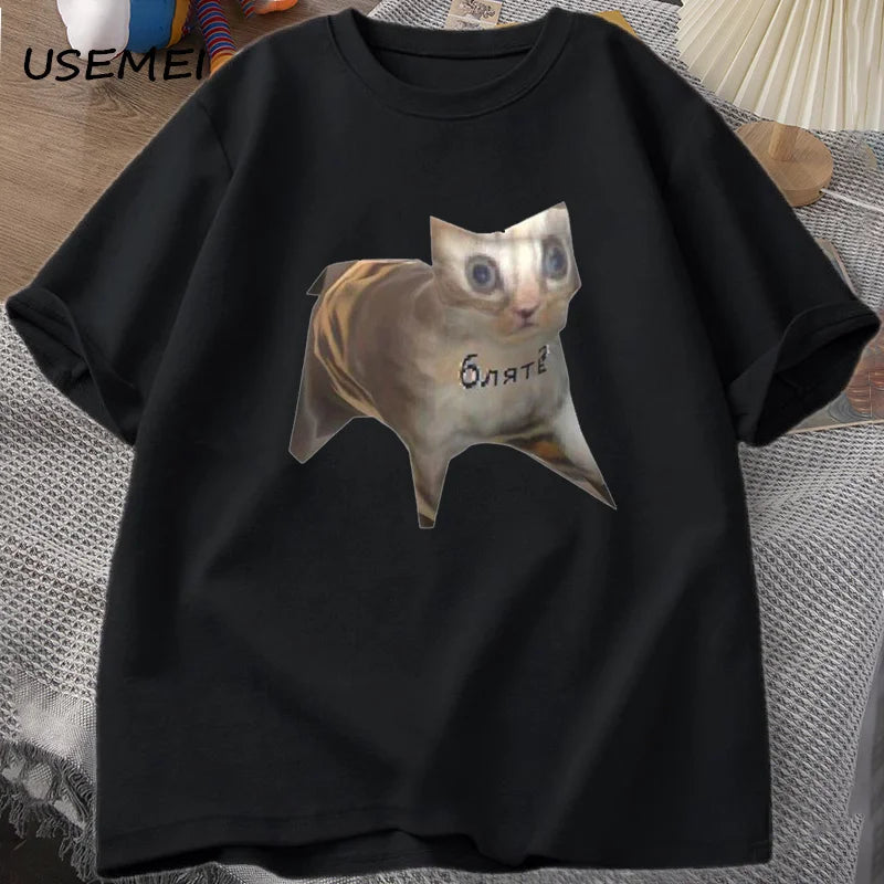 Russian Cat Meme T-shirts Funny Graphic Print Cat T Shirt Women Men Casual Cotton T-shirt Unisex Oversized Tee Shirt Man Clothes