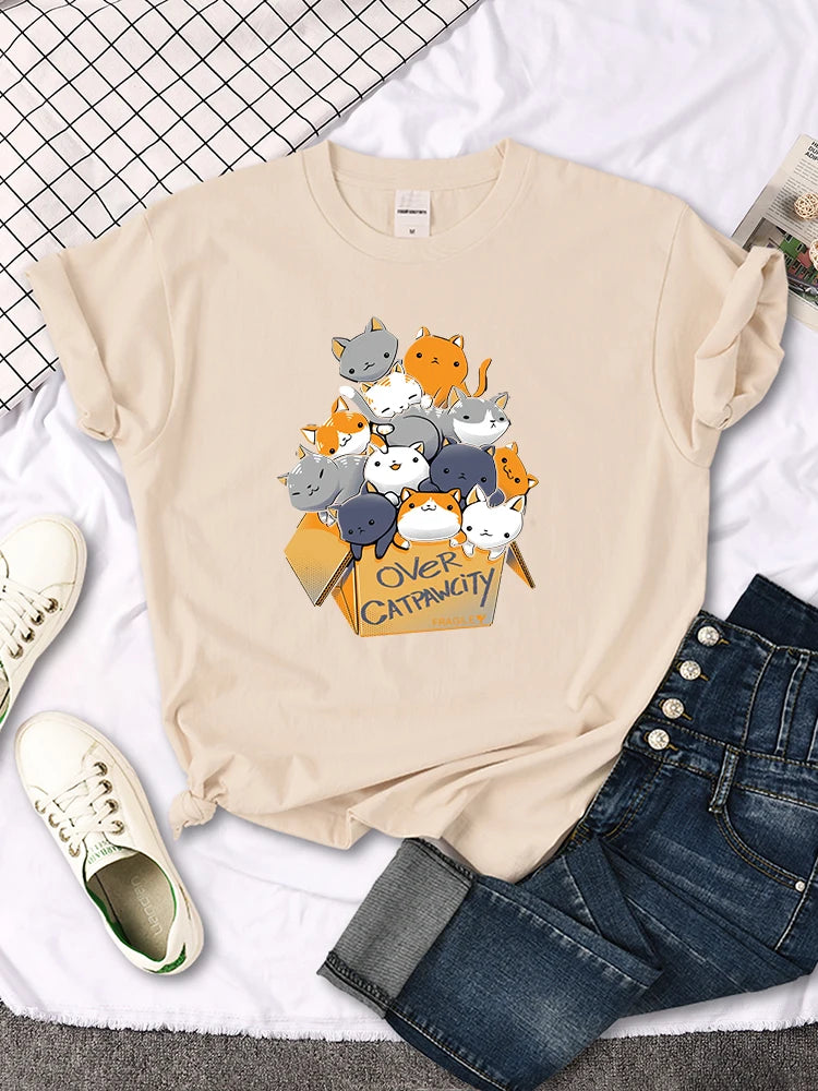 Womany Cats Gathered In The Printing Woman Tshirt Leisure Creativity T Shirt Summer Newtop Crewneck Breathable Woman T Shirts
