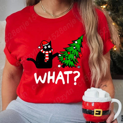 Christmas Black Cat Christmas Tree Print T-shirts Women Summer Short Sleeve Round Neck Loose T-Shirts Creative Personalized Tops