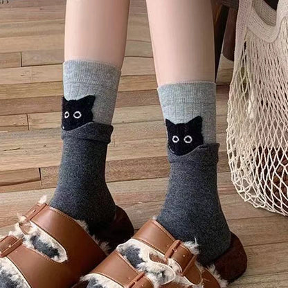 3 Pairs Kits Cat Cartoon Mid-Calf Socks Funny Hide-and-Seek Cute Warm Socks Cotton Women Home Sleep Stockings Black Gray