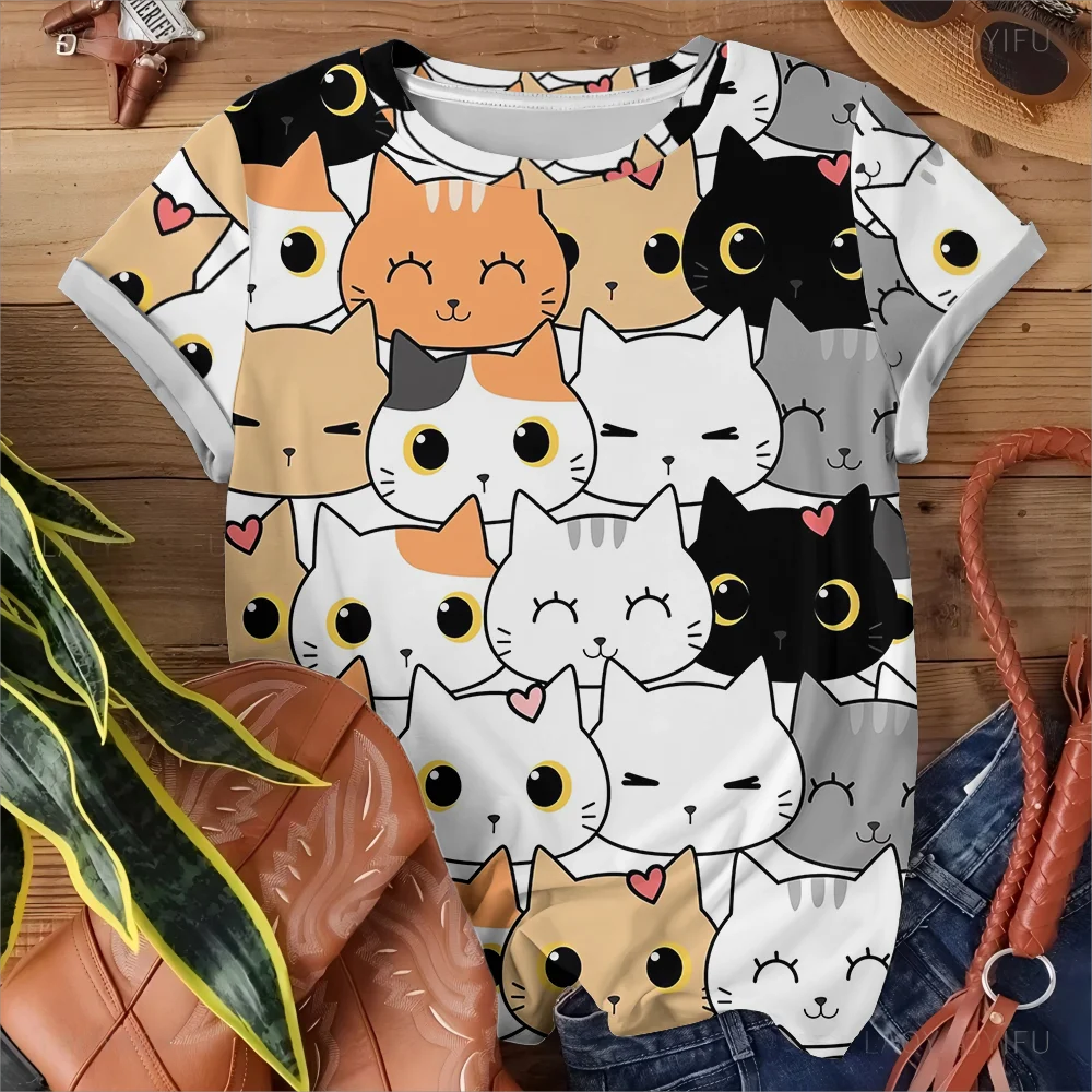 Cute And Playful Cartoon Cat Pattern Women's Fun T-shirt Fashionable And Comfortable White Short Sleeve