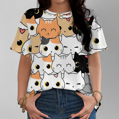 Cute And Playful Cartoon Cat Pattern Women's Fun T-shirt Fashionable And Comfortable White Short Sleeve