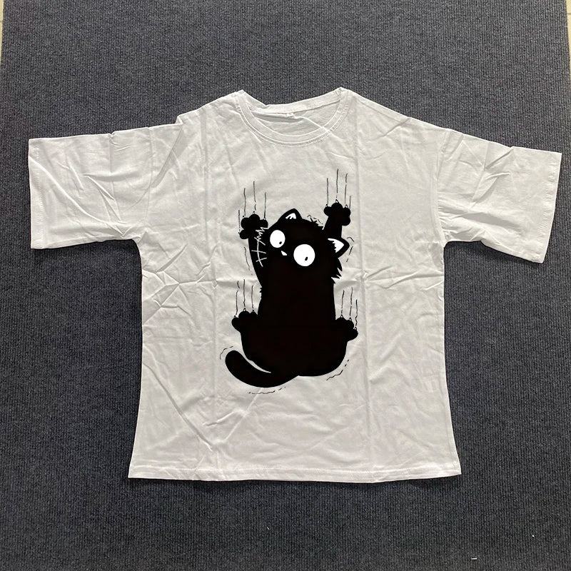 Fashion Breathable Loose Casual Round-Neck WomenT-shirt Creative Cat Pattern Printing Top Harajuku Aesthetics Vintage Gothic Tee