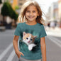 Cute cat 3D printed fun children's clothing baby girl T-shirt summer casual short sleeved cool girl T-shirt lightweight breathab