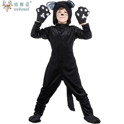 Children's Day Black Cat Cosplay Kids Costume Cute Kitten Animal Onesie Gloves Hat Suit Suitable for Stage Show Halloween Party