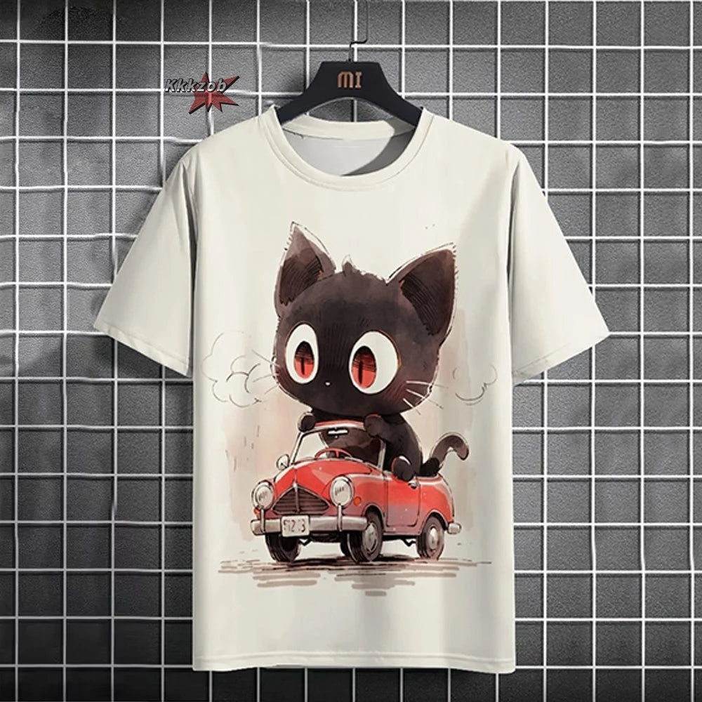 Japanese Ukiyo-E Cute Cat Pattern Round Neck Men's Short Sleeved Daily Oversized T-Shirt Harajuku Y2k T-Shirt T-Shirt Men Top