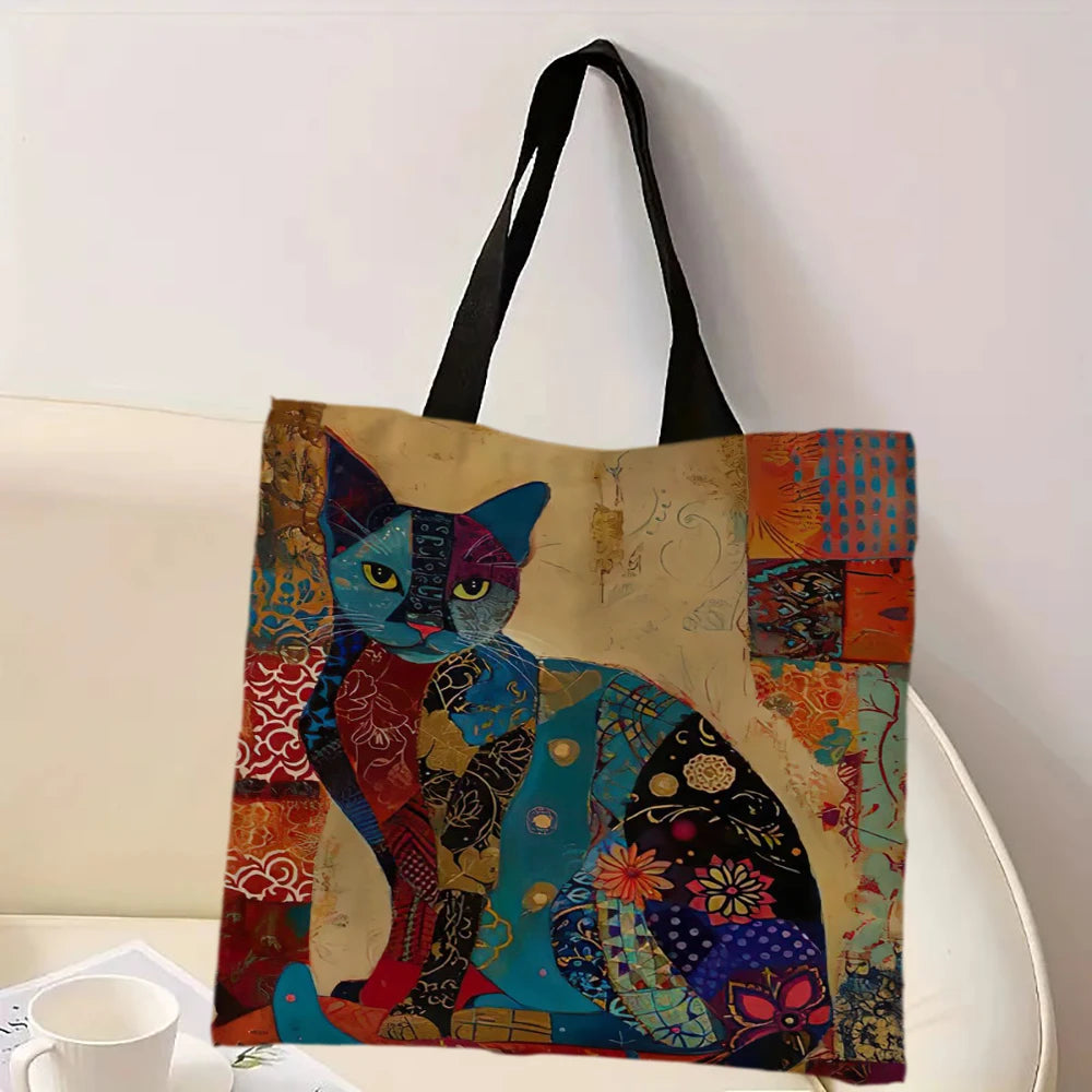 Cat Floral Design Handbag Retro Pattern Decorative Tote Bag Daily Casual Use Shoulder Bag, Large Capacity Practical Shopping Bag
