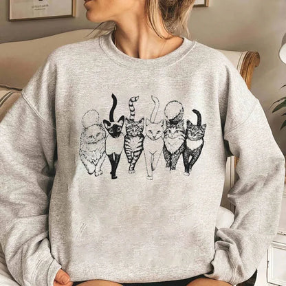 Six Cat Graphic Sweatshirt Hoodies Autumn Winter Cute Women Clothing Long Sleeve Pullove Top Outfits