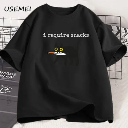 I Require Snacks T-Shirt Men Funny Black Cat Tshirt Cat Mom Cotton Short Sleeve Round Neck Tees Streetwear Man Clothes Tops