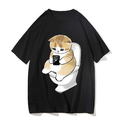 Cute Kitten Cat Play Games Print Avant-garde Fashion Trend Loose Cotton Round Neck Short Sleeve Men's T-shirt Korean Clothing