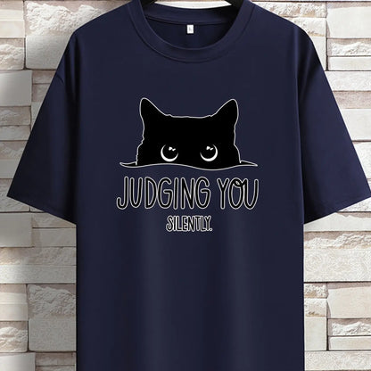 JUDGING YOU SILENTLY' Cat Print Loose T-shirt, Women Short Sleeve Crew Neck Tops, Casual Clothing for Spring Summer