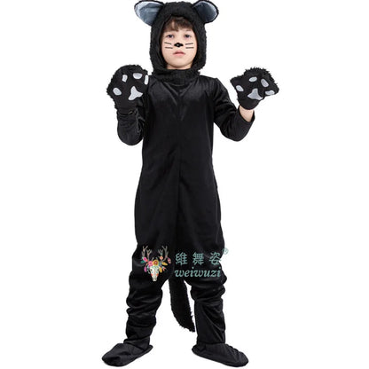 Children's Day Black Cat Cosplay Kids Costume Cute Kitten Animal Onesie Gloves Hat Suit Suitable for Stage Show Halloween Party