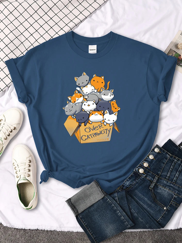 Womany Cats Gathered In The Printing Woman Tshirt Leisure Creativity T Shirt Summer Newtop Crewneck Breathable Woman T Shirts