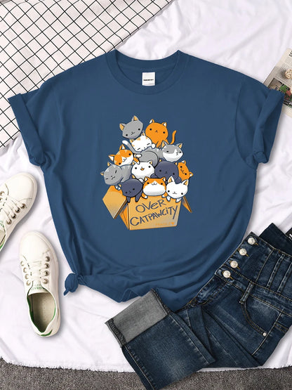 Womany Cats Gathered In The Printing Woman Tshirt Leisure Creativity T Shirt Summer Newtop Crewneck Breathable Woman T Shirts