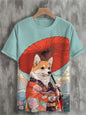 Japanese Style Samurai Cat Graphic T Shirt For Men Causal 3D Printed O Neck Short Sleeve Tees Outdoor Oversize Men Clothing Tops