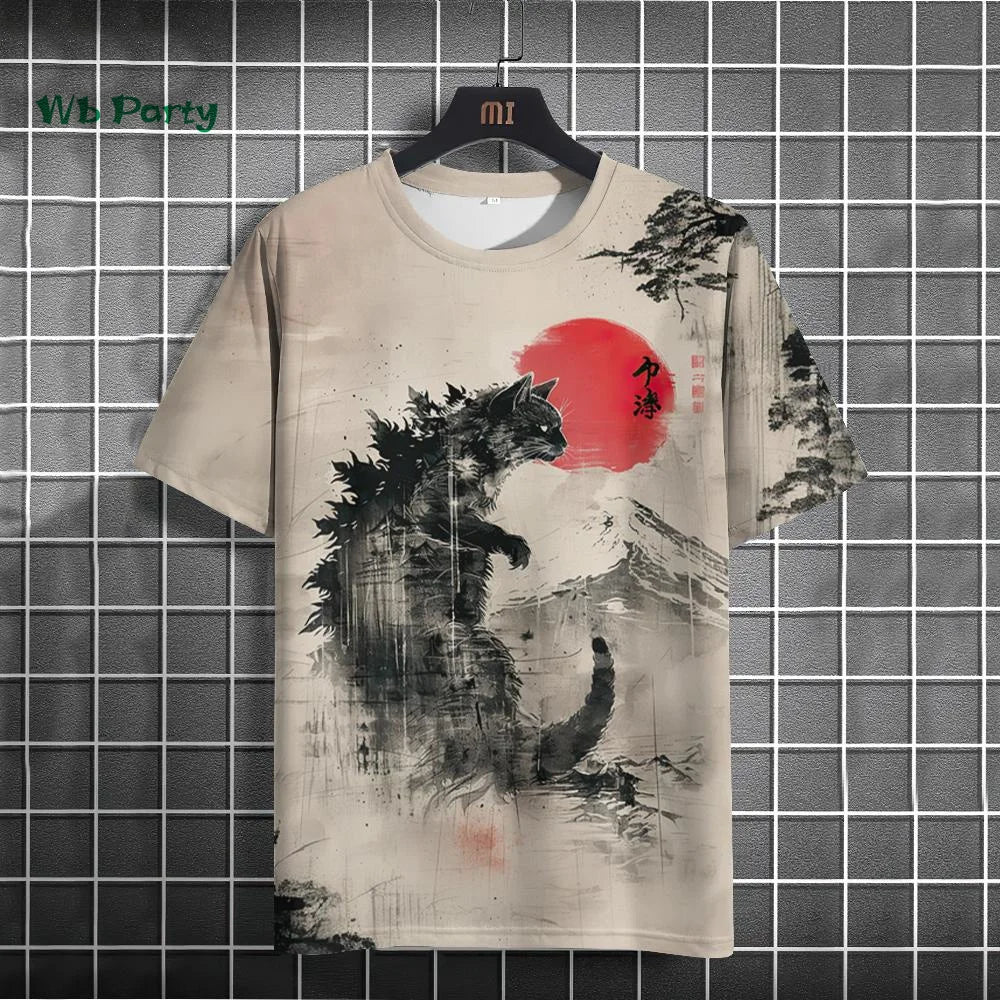 Japanese Men's T-Shirt Ukiyo-E Cat Print Short Sleeve T-Shirt Casual Harajuku Tops Summer Men's Daily Outdoor Oversized Clothing