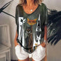 Women's T-shirt Cartoon Cat Print Summer Short Sleeve V-Neck Kawaii Fashion Casual Tee Shirts With Cat Funny Femininity Clothing