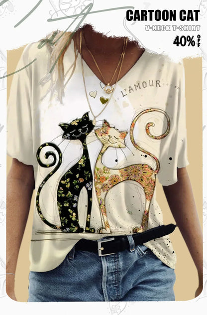 Women's T-shirt Cartoon Cat Print Summer Short Sleeve V-Neck Kawaii Fashion Casual Tee Shirts With Cat Funny Femininity Clothing