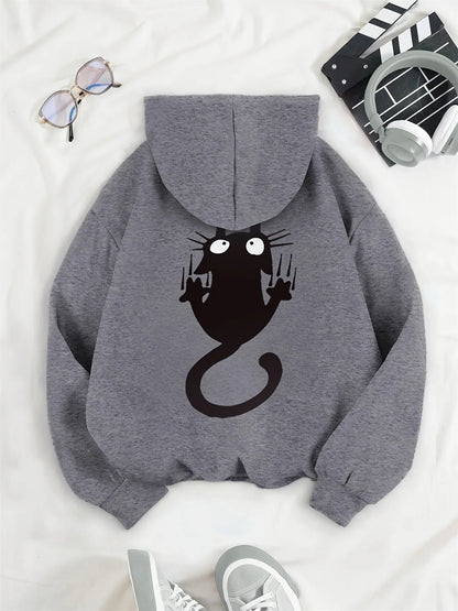 Women's casual hoodie sweatshirt with cute cat pattern print round neck long sleeves for autumn and winter warmth, regular style