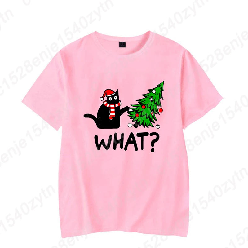 Christmas Black Cat Christmas Tree Print T-shirts Women Summer Short Sleeve Round Neck Loose T-Shirts Creative Personalized Tops