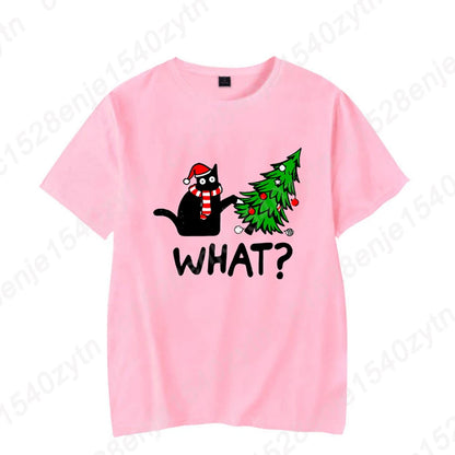 Christmas Black Cat Christmas Tree Print T-shirts Women Summer Short Sleeve Round Neck Loose T-Shirts Creative Personalized Tops