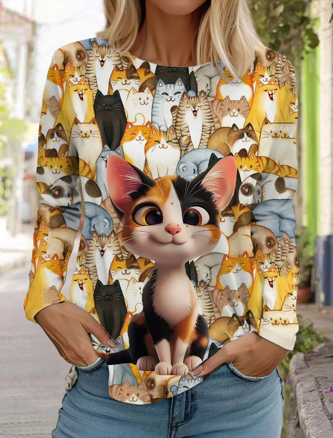 Women's Cute Cat Long Sleeves T-Shirt Round Neck Long Sleeved Autumn Animal Clothing Holiday Gift Clothing Fashion Party T-Shirt