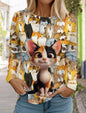 Women's Cute Cat Long Sleeves T-Shirt Round Neck Long Sleeved Autumn Animal Clothing Holiday Gift Clothing Fashion Party T-Shirt