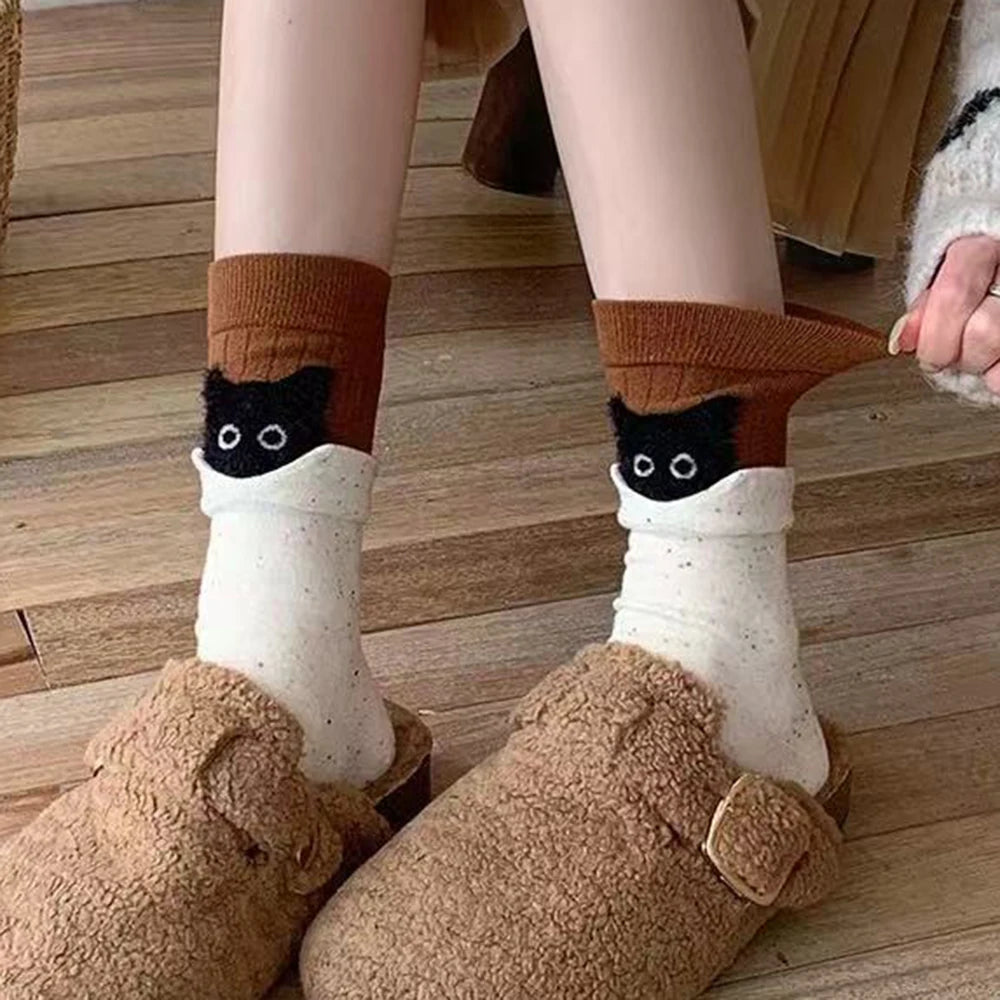 3 Pairs Kits Cat Cartoon Mid-Calf Socks Funny Hide-and-Seek Cute Warm Socks Cotton Women Home Sleep Stockings Black Gray