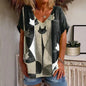 Women's T-shirt Cartoon Cat Print Summer Short Sleeve V-Neck Kawaii Fashion Casual Tee Shirts With Cat Funny Femininity Clothing