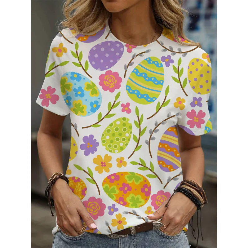 Cat Animal Pattern T-Shirt For Women Easter Egg 3D Printed T Shirts Summer Casual Oversized Tees Round Neck Tops Short Sleeves