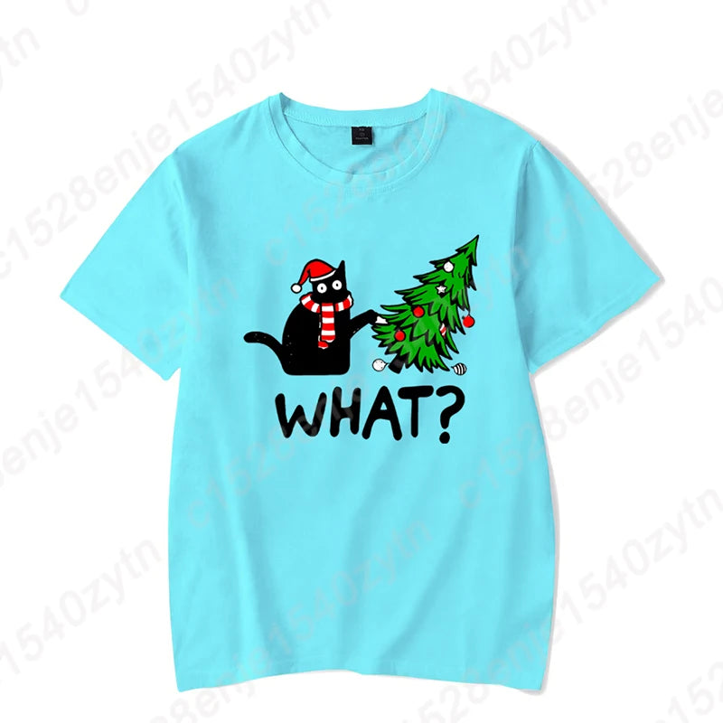 Christmas Black Cat Christmas Tree Print T-shirts Women Summer Short Sleeve Round Neck Loose T-Shirts Creative Personalized Tops