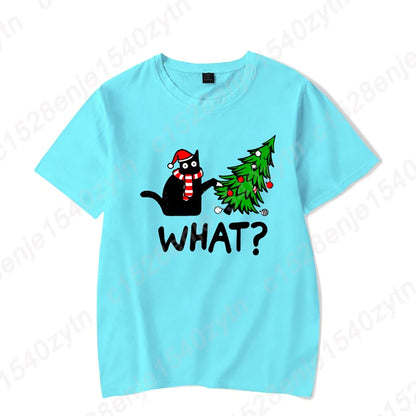 Christmas Black Cat Christmas Tree Print T-shirts Women Summer Short Sleeve Round Neck Loose T-Shirts Creative Personalized Tops